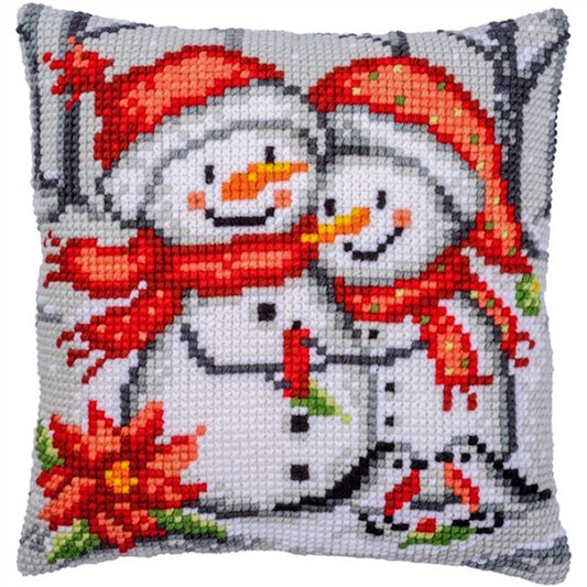 Snowmen Printed Cross Stitch Cushion Kit by Vervaco