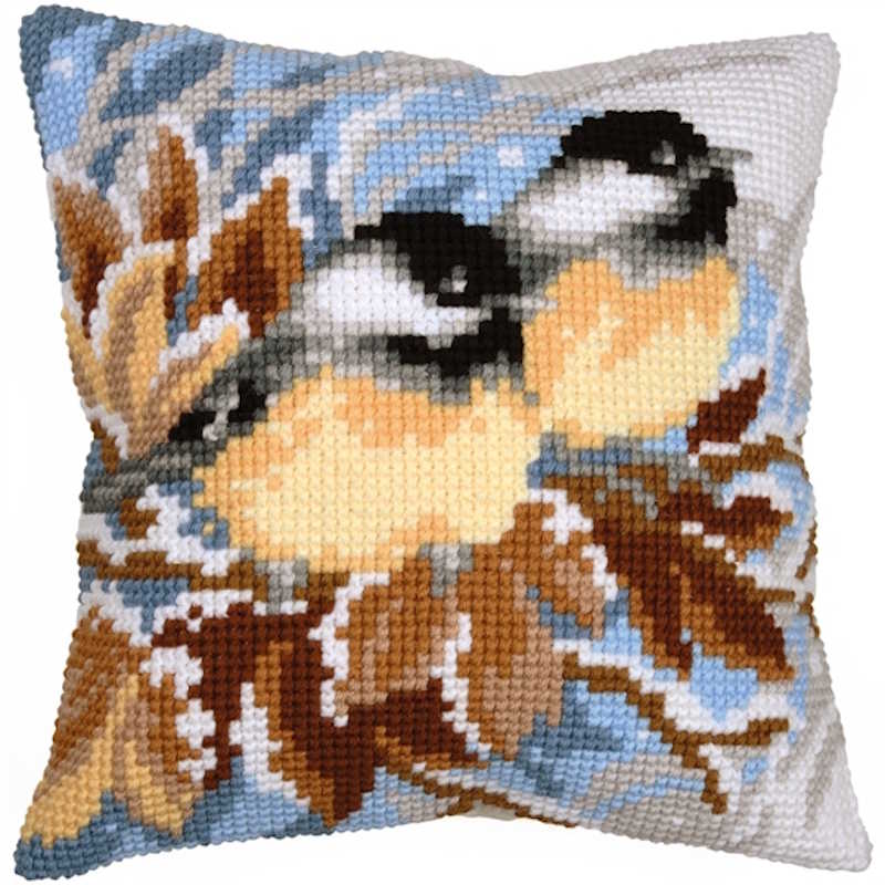 Winter Bluetits Printed Cross Stitch Cushion Kit by Vervaco