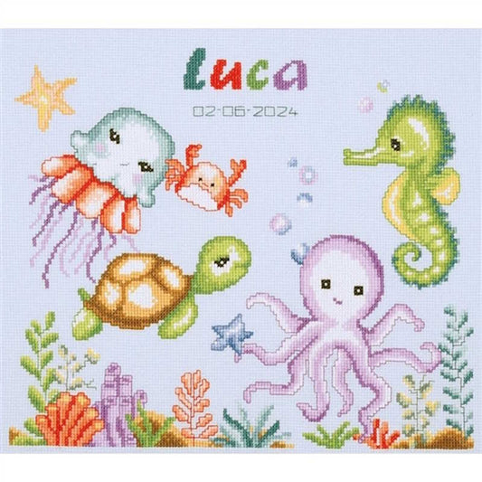 Sea Animals Birth Sampler Cross Stitch Kit By Vervaco