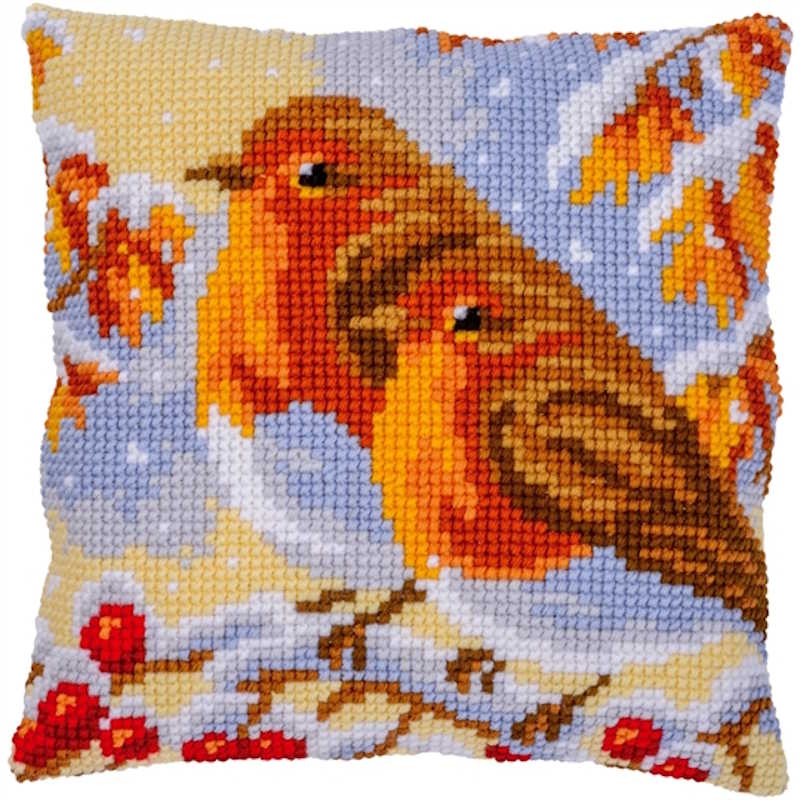 Pair of Robins Printed Cross Stitch Cushion Kit by Vervaco