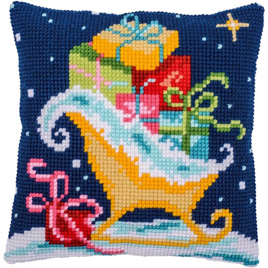 Sleigh Printed Cross Stitch Cushion Kit by Vervaco
