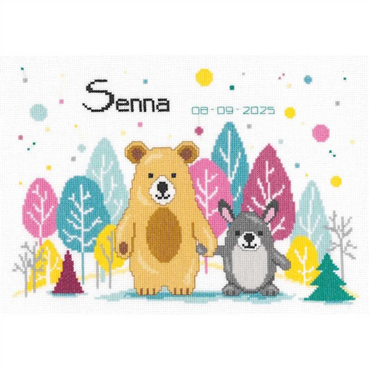 Bear and Rabbit Birth Sampler Cross Stitch Kit By Vervaco