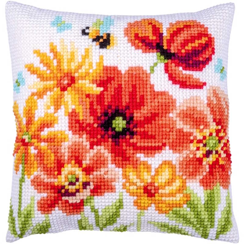 Poppies and Wildflowers Printed Cross Stitch Cushion Kit by Vervaco