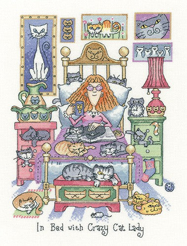 In Bed With Crazy Cat Lady Cross Stitch Kit by Heritage Crafts