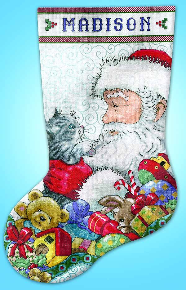 Santa with Kitten Christmas Stocking Cross Stitch Kit by Design Works