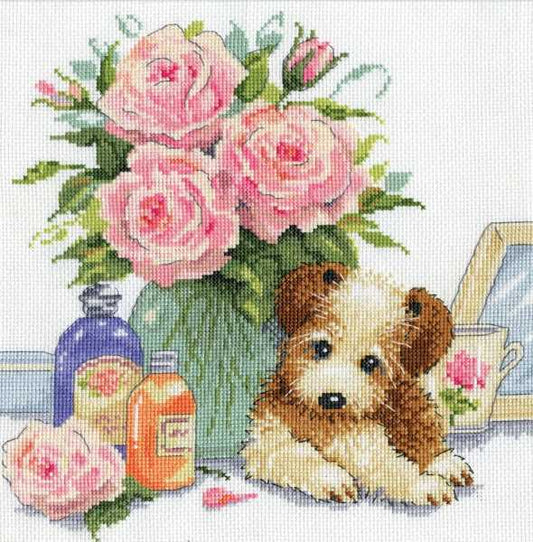Puppy with Roses Cross Stitch Kit by Design Works