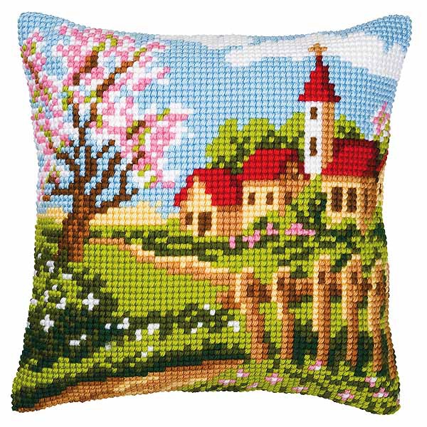 Country Church Printed Cross Stitch Cushion Kit by Vervaco