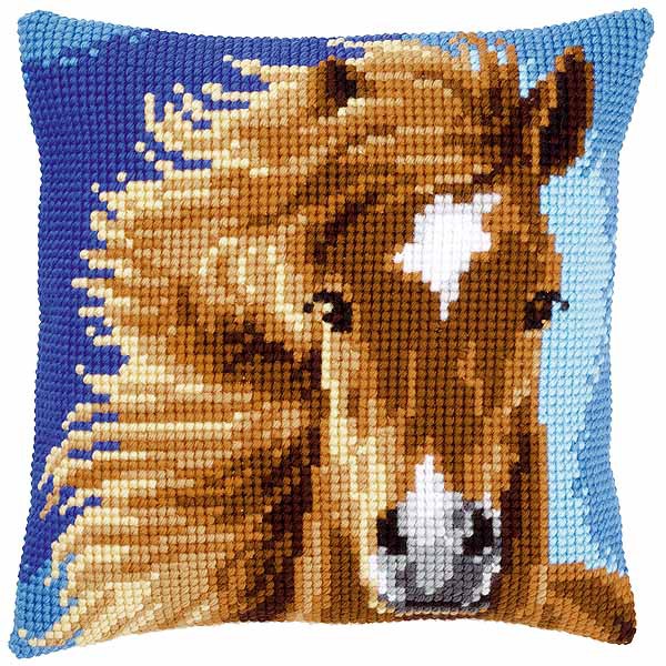 Brown Horse Printed Cross Stitch Cushion Kit by Vervaco