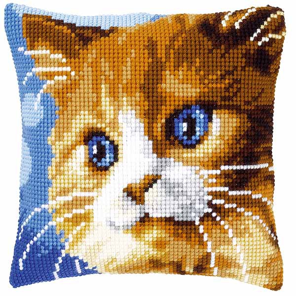 Brown Cat Printed Cross Stitch Cushion Kit by Vervaco