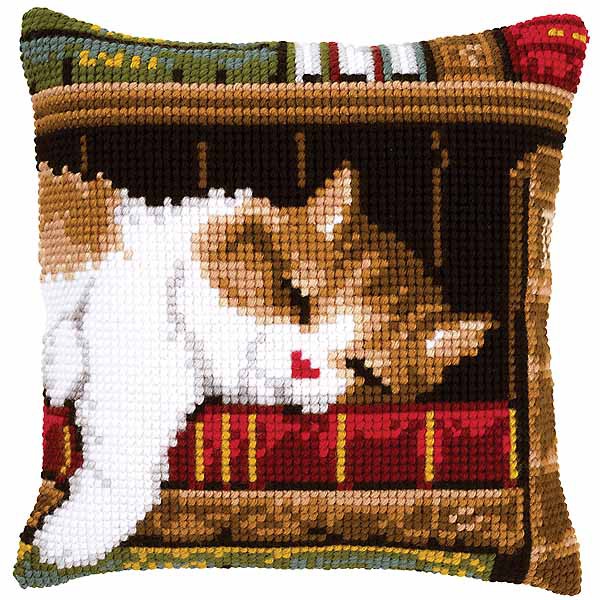 Sleeping Cat Printed Cross Stitch Cushion Kit by Vervaco