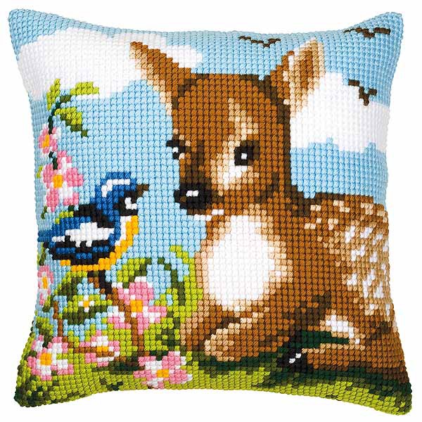 Deer and Bird Printed Cross Stitch Cushion Kit by Vervaco