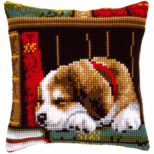 Sleeping Dog Printed Cross Stitch Cushion Kit by Vervaco