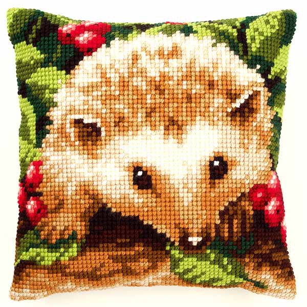 Hedgehog with Berries Printed Cross Stitch Cushion Kit by Vervaco