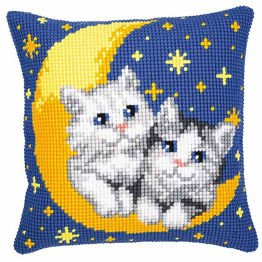Moon and Kittens Printed Cross Stitch Cushion Kit by Vervaco