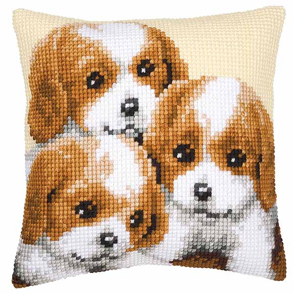 Puppies Printed Cross Stitch Cushion Kit by Vervaco