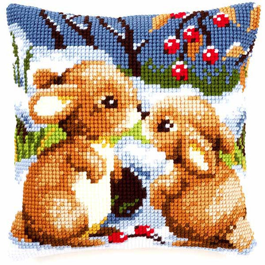 Snow Rabbits Printed Cross Stitch Cushion Kit by Vervaco