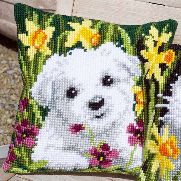 Westie in Daffodils Printed Cross Stitch Cushion Kit by Vervaco