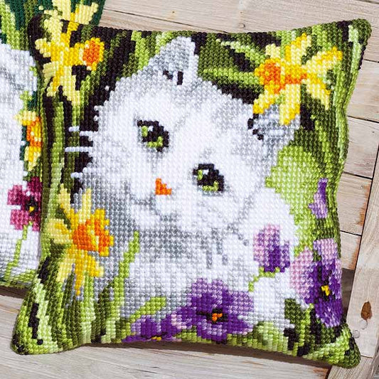 White Cat in Daffodils Printed Cross Stitch Cushion Kit by Vervaco