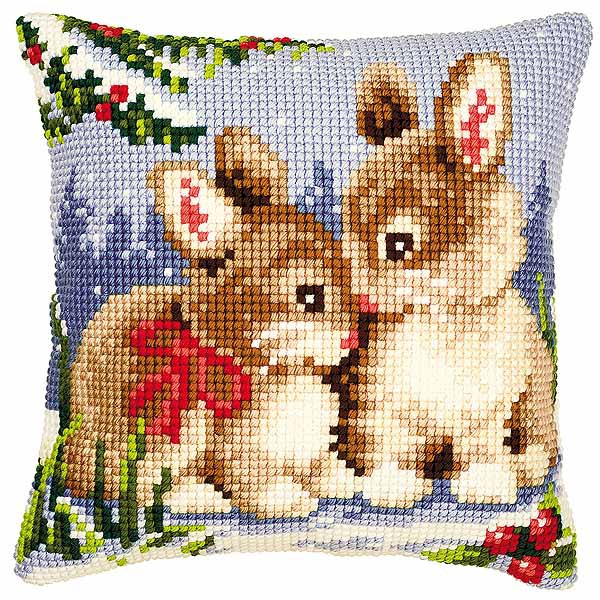 Winter Rabbits Printed Cross Stitch Cushion Kit by Vervaco