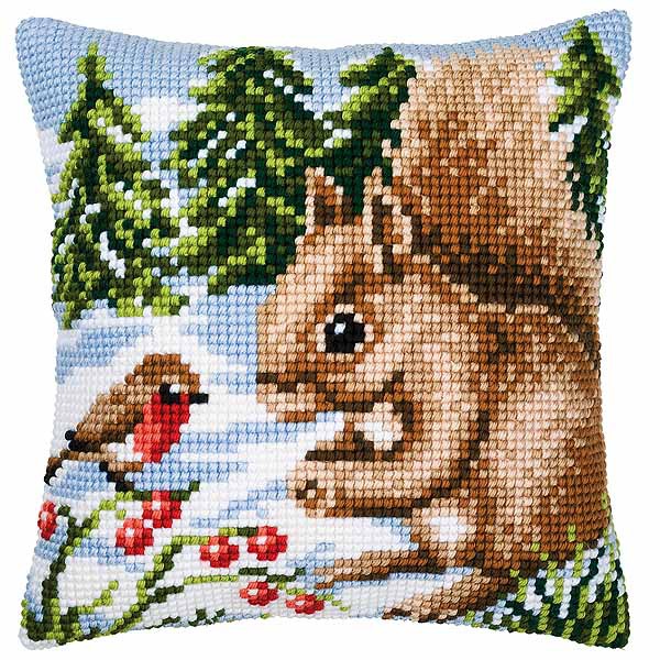 Winter Squirrel Printed Cross Stitch Cushion Kit by Vervaco
