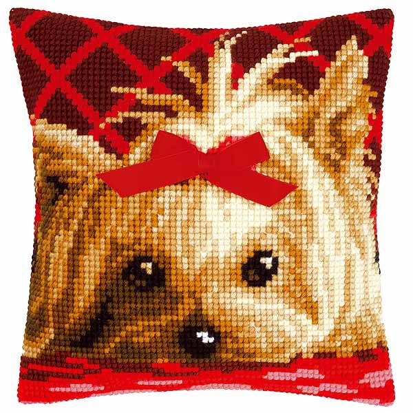 Yorkshire Terrier with Bow Printed Cross Stitch Cushion Kit by Vervaco