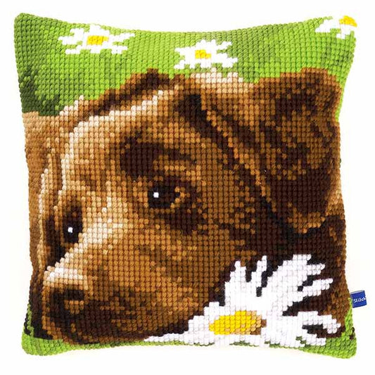 Chocolate Labrador Printed Cross Stitch Cushion Kit by Vervaco