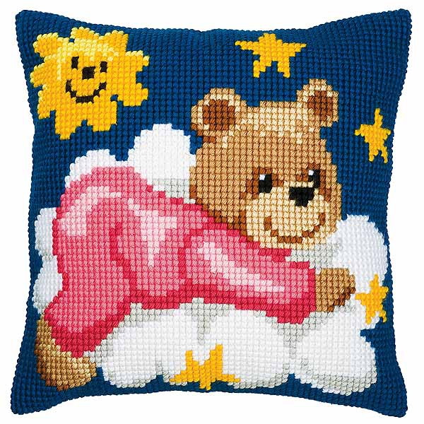 Pink Teddy Printed Cross Stitch Cushion Kit by Vervaco