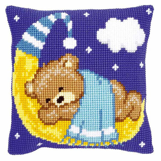 Blue Teddy on the Moon Printed Cross Stitch Cushion Kit by Vervaco