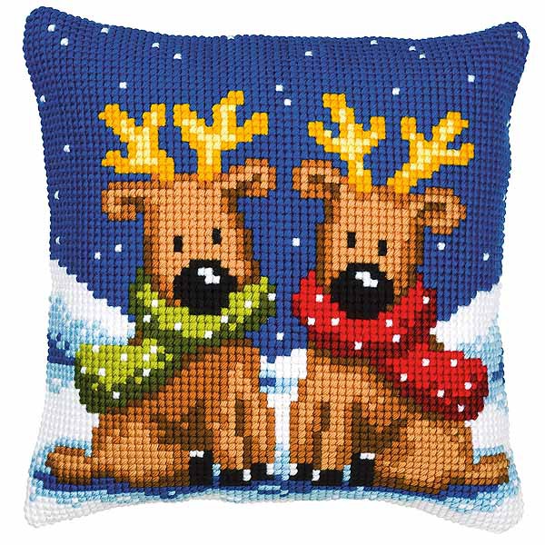Reindeer Twins Printed Cross Stitch Cushion Kit by Vervaco