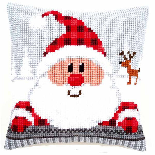 Santa in a Plaid Hat Printed Cross Stitch Cushion Kit by Vervaco