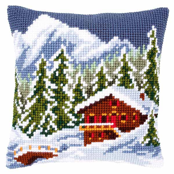 Snow Landscape Printed Cross Stitch Cushion Kit by Vervaco