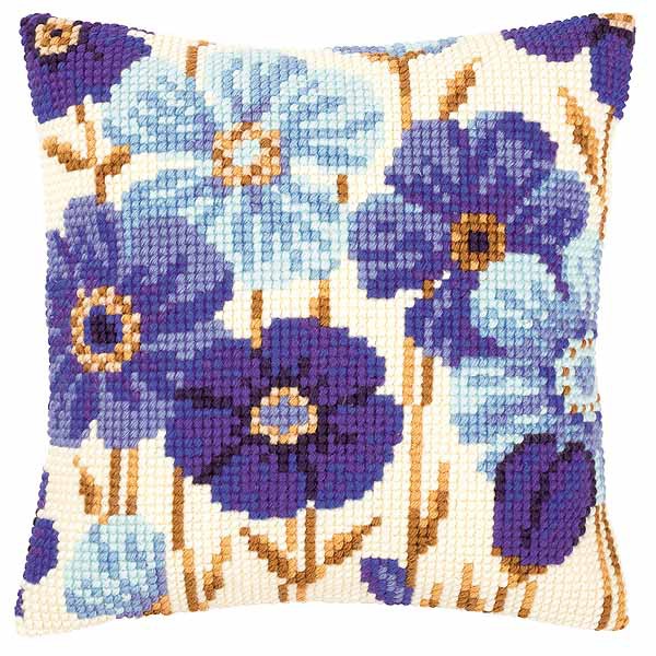 Blue Flowers Printed Cross Stitch Cushion Kit by Vervaco
