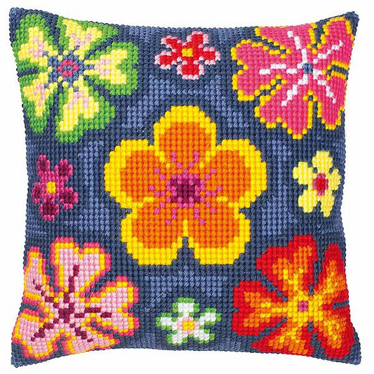 Bright Flower Printed Cross Stitch Cushion Kit by Vervaco