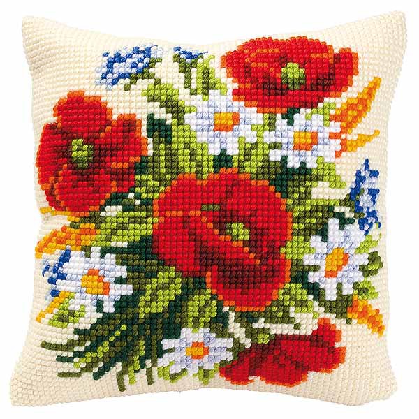 Poppies and Daisies Printed Cross Stitch Cushion Kit by Vervaco