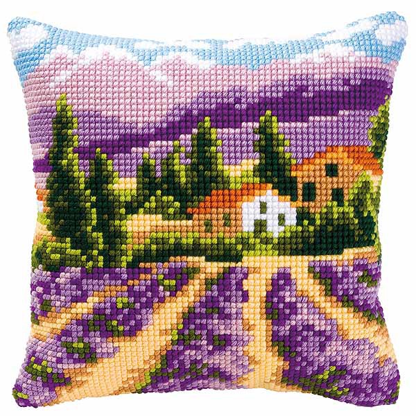 Lavender Fields Printed Cross Stitch Cushion Kit by Vervaco