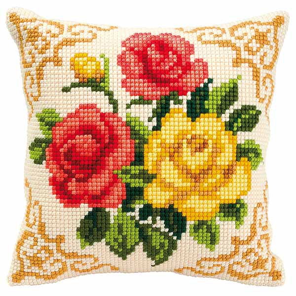 Mixed Roses Printed Cross Stitch Cushion Kit by Vervaco