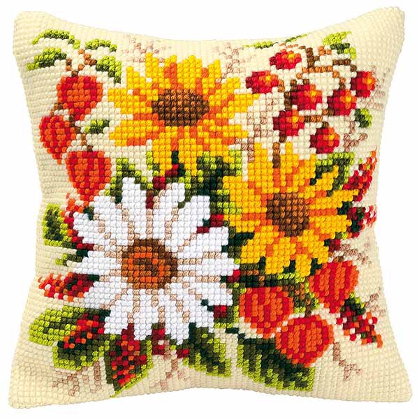 Mixed Flowers Printed Cross Stitch Cushion Kit by Vervaco