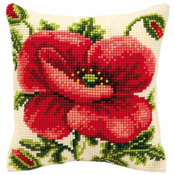 Oriental Poppy Printed Cross Stitch Cushion Kit by Vervaco