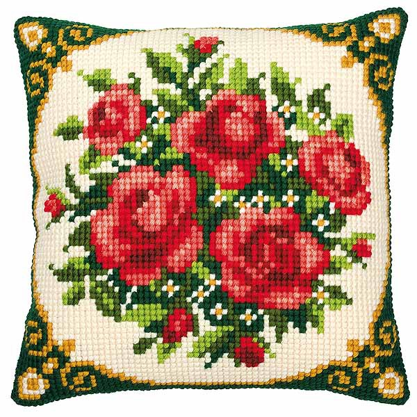 Pale Red Roses Printed Cross Stitch Cushion Kit by Vervaco