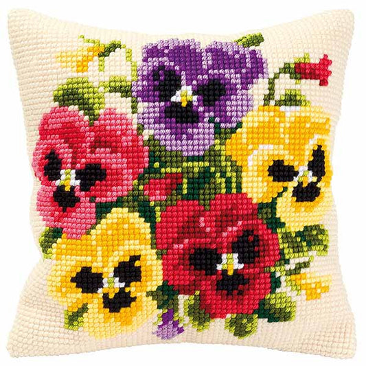 Pansy Posy Printed Cross Stitch Cushion Kit by Vervaco