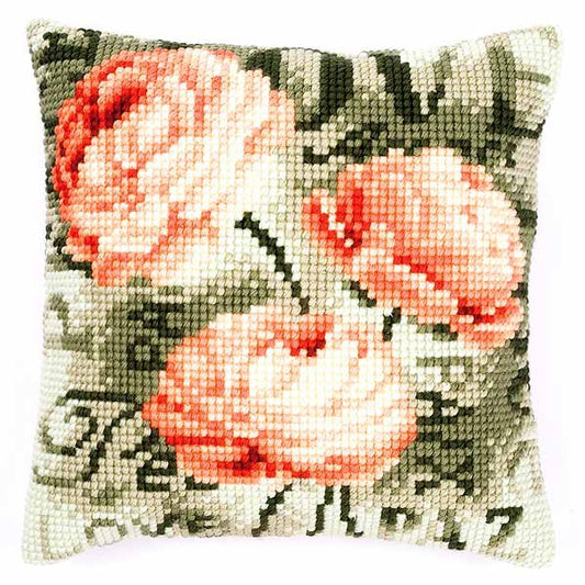 Peonies Printed Cross Stitch Cushion Kit by Vervaco
