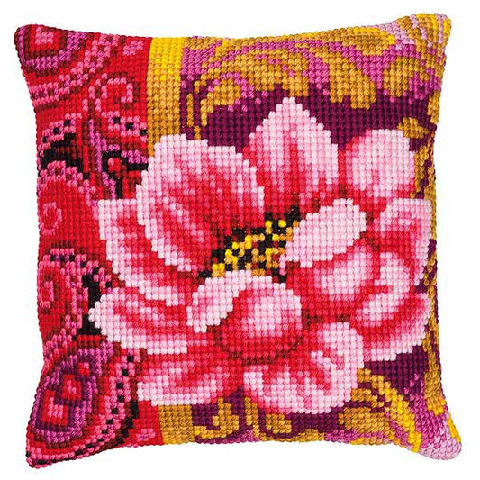 Pink Floral Printed Cross Stitch Cushion Kit by Vervaco