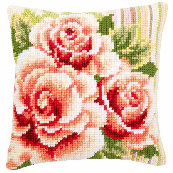 Pale Pink Roses Printed Cross Stitch Cushion Kit by Vervaco