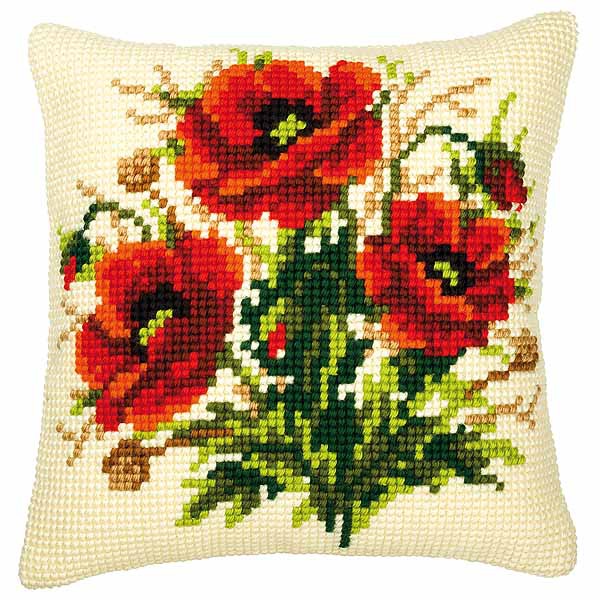 Poppies Printed Cross Stitch Cushion Kit by Vervaco
