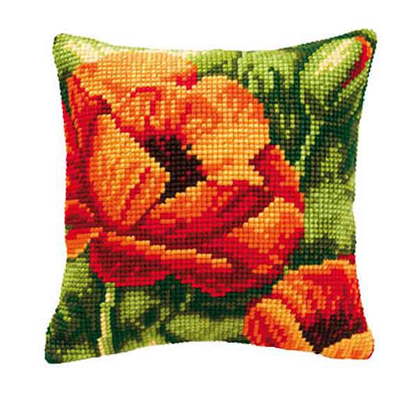Red Poppies Printed Cross Stitch Cushion Kit by Vervaco