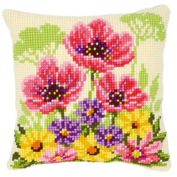 Pink Poppies Printed Cross Stitch Cushion Kit by Vervaco