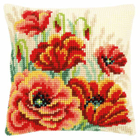 Poppies Printed Cross Stitch Cushion Kit by Vervaco