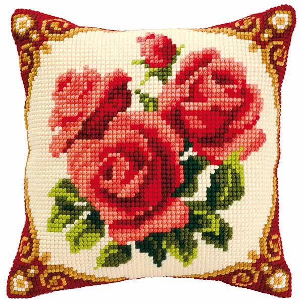 Red Roses Printed Cross Stitch Cushion Kit by Vervaco