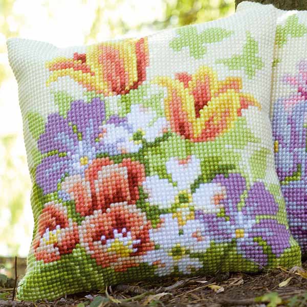 Spring Flowers Printed Cross Stitch Cushion Kit by Vervaco