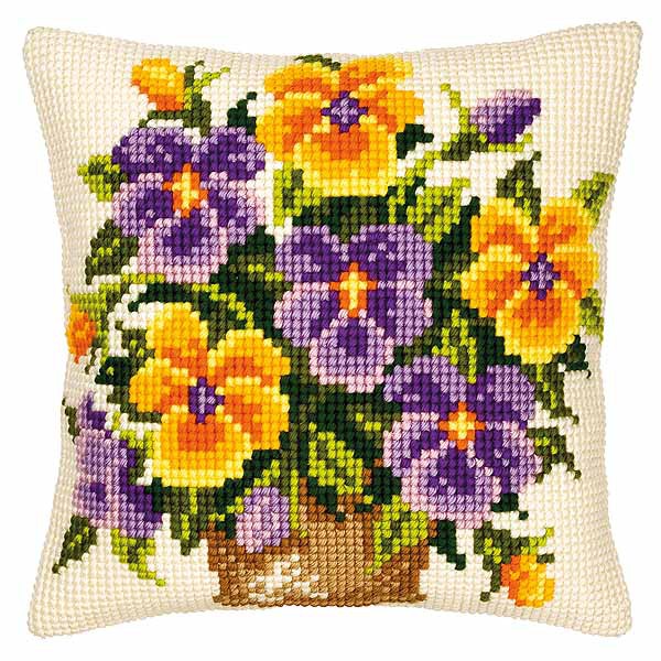 Pansies Printed Cross Stitch Cushion Kit by Vervaco